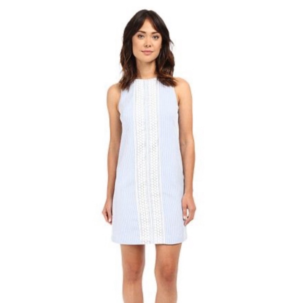 London Times blue and white stripe seersucker lace shift dress. Size 8